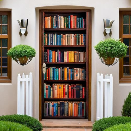 Brown Türposter 100x200 cm Bücherregale und Bücher PVC Türaufkleber Fototapete Selbstklebende Türfolie Wasserdicht Wohnzimmer Schlafzimmer Küche Toilette