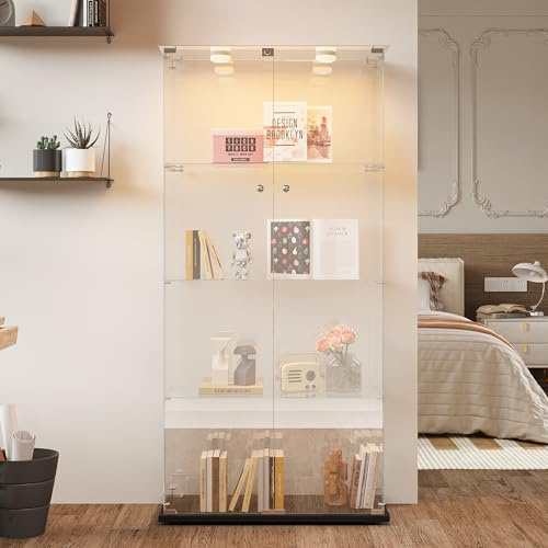Vitrina de cristal con iluminación LED, 4 Niveles, 2 Puertas, vitrina de vidrio, 163 x 78 x 35 cm, armario de cristal para salón, dormitorio, oficina, color negro (Negro A / 35 x 78,5 x 163 cm)