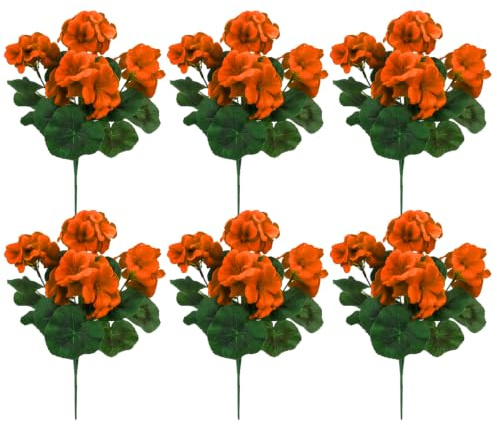Bemonew pelargon konstgjorda blommor realistiska 6 st konstgjorda pelargon, 35 cm livliga orangea blommor med stjälkar och löv falskt pelargon växter för hem, trädgård, gård, uteplats