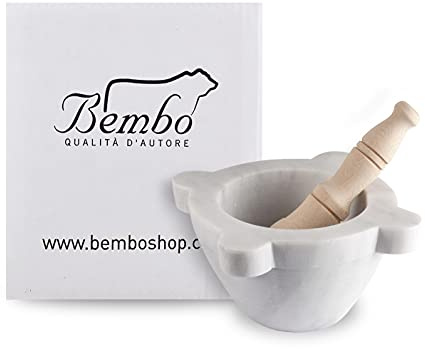 Mortaio in Marmo Bianco Carrara Bembo con Pestello in Legno di Faggio - Utilizzato per il Vero Pesto alla Genovese - Made in Italy - Modello Genovese (cm 14)