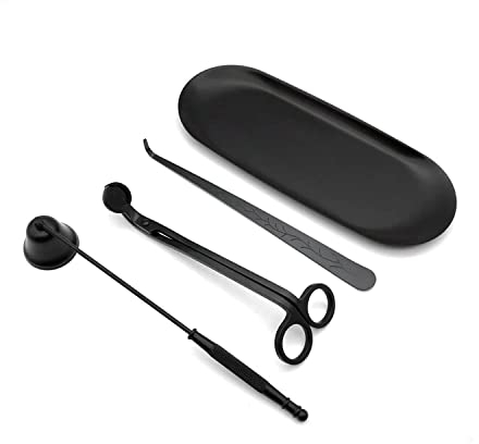 Chexin Set di 4 accessori per candele, con estintore, taglia-stoppini, estrattore e vassoio di conservazione, kit di strumenti per candele in acciaio inox, regalo per Candle Lover (nero)