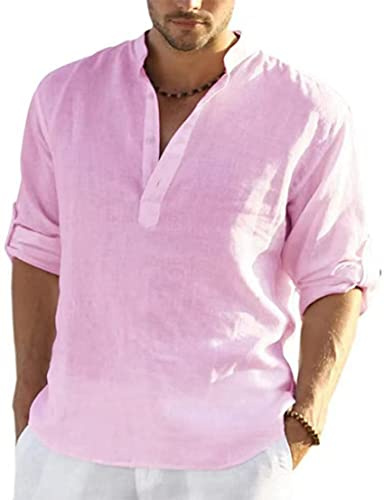 PADOLA Chemise Homme Lin Col Mao Manches Longues Uni Henley Shirts en Lin été Grande Taille de Plage Classique Casual Décontractée (M, 1 Rose)