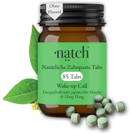 Natch Wake-up Call – Zahnpasta Tabs mit Matcha, Ylang Ylang & Pfefferminzöl – fluoridfrei, vegan & plastikfrei (85 Tabs)