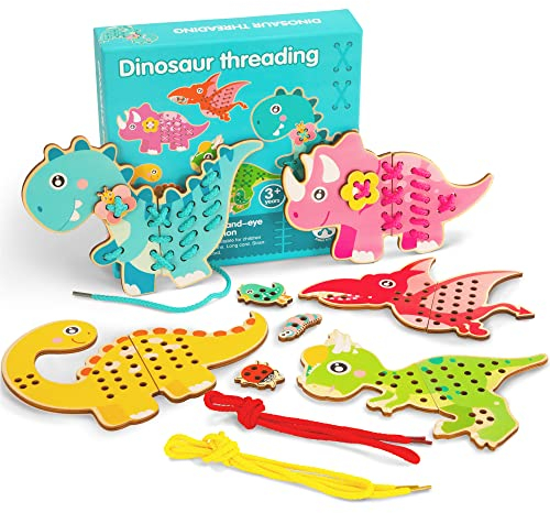 Wisplye Fädelspiel aus Holz, Fädelspielzeug für Kinder mit 5 Kordeln, Dinosaurier Einfädeln Spielzeug Montessori Pädagogisches Lernspielzeug Geschenke für Mädchen Jungen ab 3 Jahren