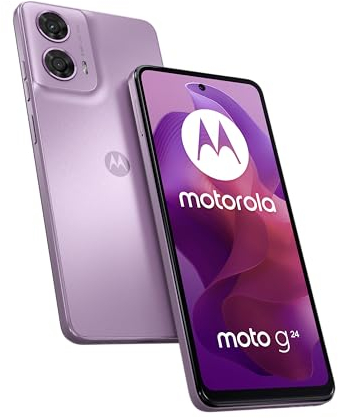Motorola Moto g24 Smartphone (6,56-HD+-Display, 50-MP-Kamera, 8/128 GB, 5000 mAh, Android 14) Pink Lavender, inkl. Schutzcover + Handyhalterung [Exklusiv bei Amazon]