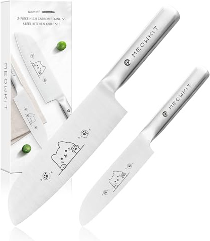 MEOWKIT Set Coltelli da Cucina Professionali 2 Pezzi, Coltello Giapponese con Simpatico Motivo a Gatto, Ultra Affilati Acciaio Inox Coltelli Santoku e Coltello Universale per Carne Verdure
