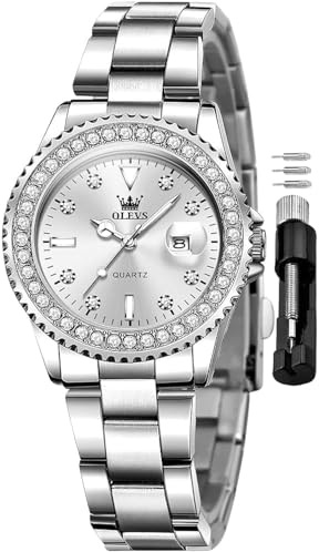 OLEVS Damenuhr Diamant-Kleid Quarz Analog Damenuhren Edelstahl Zweifarbig Wasserdicht Leuchtend Tag Datum für Damen-Armbanduhr Geschenk, Armband