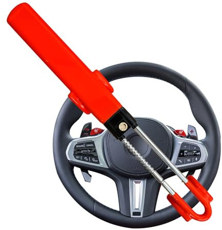Steering Wheel Lock Twin Bar, Steering Lock, Stop Thieves Stealing Your Car, Car Steering Wheel Locks, Anti-Theft Device, Universal Fit, High Visibility, Adjustable Length, 3 Keys (Red)