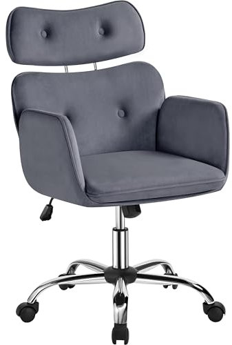 Yaheetech Homeoffice Stuhl, Schminktisch Stuhl mit Höhenverstellbaren Kopfstütze, Drehstuhl Schreibtischstuhl mit Armlehnen Samtsitz, Bürostuhl, Mobiler Polsterstuhl, bis 136 kg belastbar Dunkelgrau