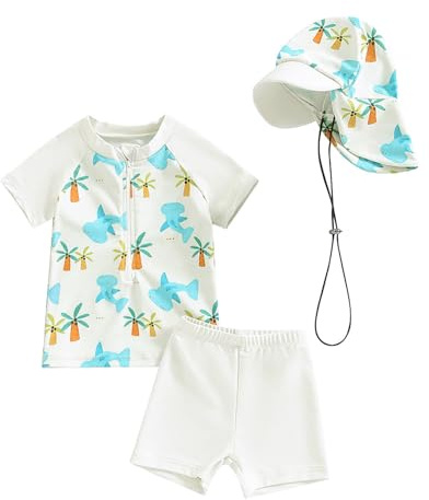 WYTbaby Maillot de bain 2 pièces pour bébé - Vêtement UV à manches courtes - Protection UV - Pour bébé garçon - Avec chapeau de soleil, Blanc., 6-12 mois