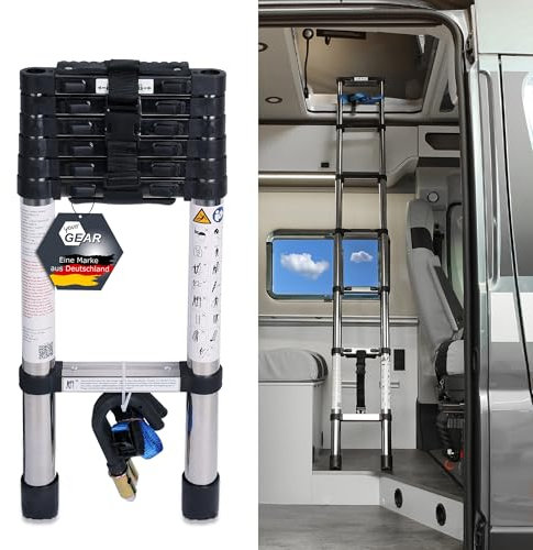 your GEAR Pescara - Escalera telescópica de acero de 2 m, máx. 150 kg, escalera estrecha para autocaravana, furgoneta, techo elevador