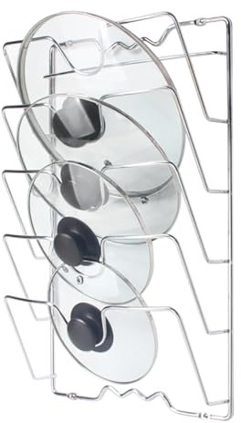 Duoruameng Wandhalterung Deckelhalter Küche, Pfannendeckel Halterung für 5 Hält 5 Deckel, Vertikaler Topfdeckelhalter Organizer, Silber