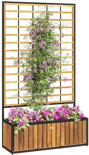 Outsunny Jardinière avec Treillis, lit surélevé de Jardin, jardinière extérieure avec Trous de Drainage, bac à Fleurs en Bois d'acacia et Acier pour Balcon Patio, 74 x 27 x 131 cm, Teck