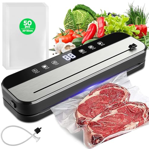 Strixorn Envasadora al vacío 6 en 1 con barra de sellado de 30 cm y 50 bolsas, sellado automático de alimentos para frescura, modo húmedo/seco, cortador integrado, pantalla LED