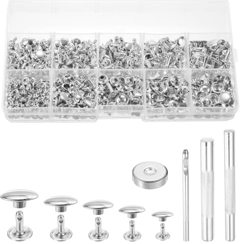PATIKIL 340 Set Double Cap Leather Rivets Kit, 6mm-10mm Mixed Sizes Round Cap Tubular Metal Studs Leather Crafting Rivet for Fabric Belt Pet Collar Boot Bag Repair and Decoration,Silver
