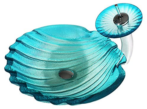 JYBNBBE Lavabo de baño con Forma de Concha Azul, Lavabo de Vidrio Templado, Juego de Lavabo artístico de Montaje en Cubierta con Grifo de Cascada.