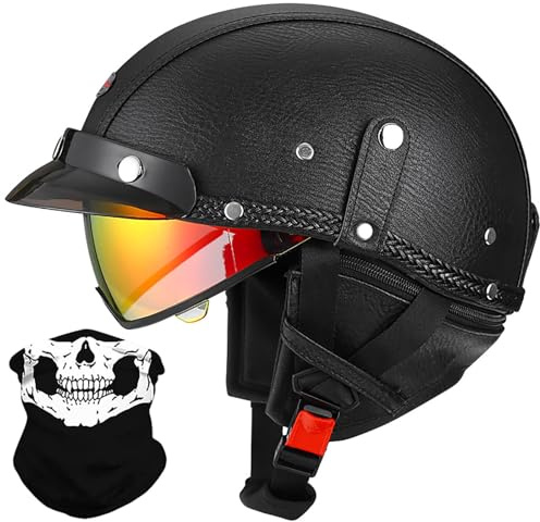 Medio Casco Moto Retro Casco Abierto Cuero Alemán, Hombres Mujeres Bike Cruiser Chopper Ciclomotor Scooter Casco Media Concha Vintage con Bufanda Desmontable, Aprobado ECE 57-64cm