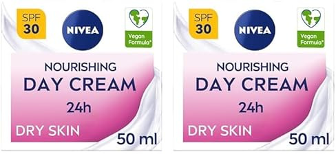 NIVEA 24h ​Nourishing Day Cream Moisturiser SPF30 (50ml), Hydrating Face Moisturiser with Factor 30 Sun Protection, Daily Face Cream for Dry Skin, Skincare Essential (Pack of 2)