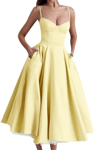 OMZIN Donne Estate 1950s Swing Corsetto Abito Spaghetti Strap Doppio Strato Mesh Matrimonio Cocktail Giallo XXS