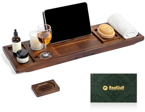 Realgulf Teak Bathtub Tray, Bath Caddy with Wine Glass Holder, Phone Dock & Book Stand | Hands-Free Reading & Ultimate Spa Relaxation Experience-Brown