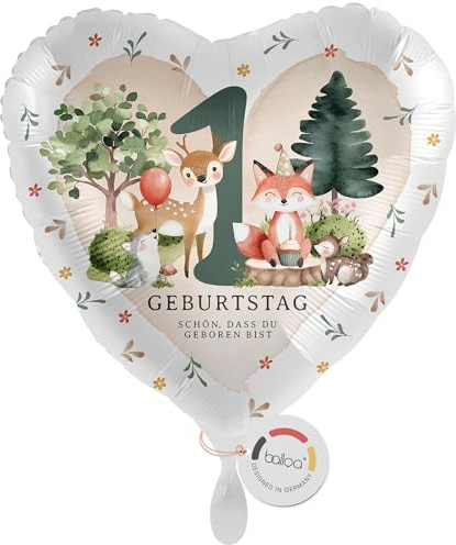 balloa Folienballon Herz Waldtiere, Geschenk zum 1. Geburtstag für Jungen oder Mädchen, Helium Ballon rund um Kindergeburtstag, Deko mit Fuchs Reh Igel Motiv, Geburtstagsdekoration, 33cm
