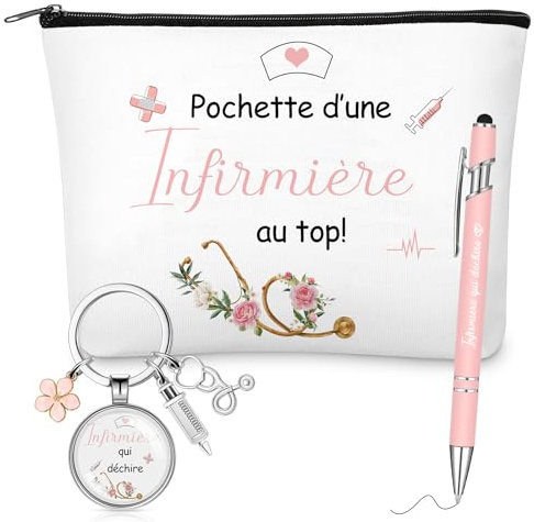 Xuniea Cadeaux Infirmières 1 Trousse de Toilette 1 Porte-Clés avec Seringue Fleurs et Stéthoscope 1 Stylo à Bille Infirmière Qui Déchire Cadeau de Retraite Anniversaire Noël pour Femme Collègue (Rose)