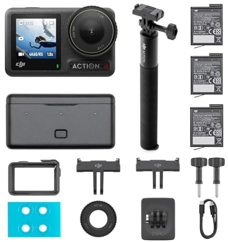DJI Osmo Action 4 Combo - 4K/120fps Waterproof Action Camera with a 1/1.3-Inch Sensor, 155° FOV,10-bit & D-Log M Color Performance, Outdoor Camera (Osmo Action 4 Adventure Combo)