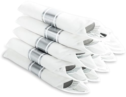 N9R 30 Pack Pre Rolled Silver Plastic Cutlery Set, Wrapped Plastic Silverware Set with 30 Forks, 30 Knives, 30 Spoons and 30 Napkins, Disposable Cutlery Set for Party and Wedding
