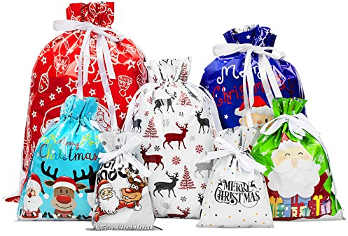 Christmas Drawstring Gift Bags, 30pcs Xmas Wrapping Gift Bags Large Medium Small Assorted Sizes, Christmas Wrap Bags Multipack, for Xmas Party, Presents, Holiday Decorations