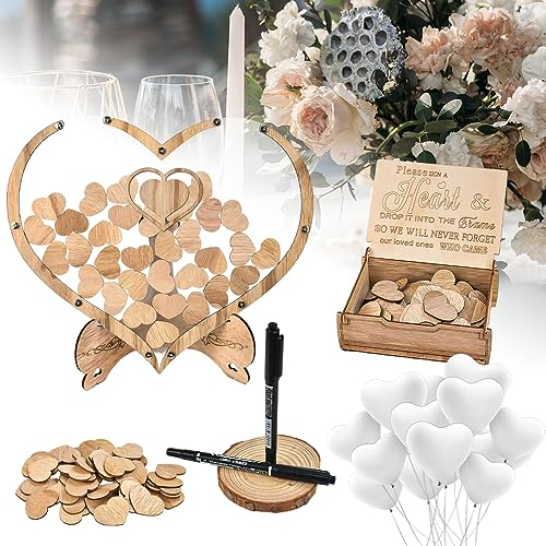 LANSKYLAN Gästebuch Hochzeit Holz Hochzeitsgästebuch Herz Hochzeitsdeko Herz Ständer 80 Holzherz 20 Herzballons Holzherzen Hochzeitsdeko zum Befüllen Marker Stifte Aufbewahrungsbox für Hochzeitdeko