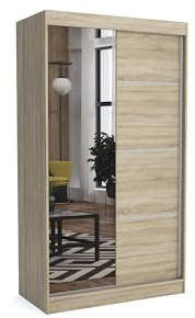 Brent - Kleiderschrank mit Spiegel Tom, 100cm Breit, Schlafzimmerschrank mit 1 Kleiderstange und Einlegeböden für Kleidung, Kleiderschrank Sonoma Eiche