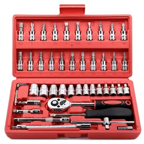 Eidoct 46 Piece 1/4 Inch Drive Socket Set&Tool Sets,Ratchet Wrench Set with 4-14mm Cr-V Sockets,Screwdriver Bits,Extension Bars for Household Car Bike Repair, DIY and Repair