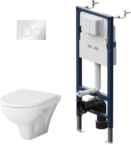 AM.PM - Hänge WC Komplettset, Vorwandelement WC Set Komplett Vormontiert (Prime Fit) + Wand WC Weiß ohne Spülrand (Hit) + Drückerplatte + WC-Sitz mit SoftClose-Absenkautomatik, Toilette Komplett Set