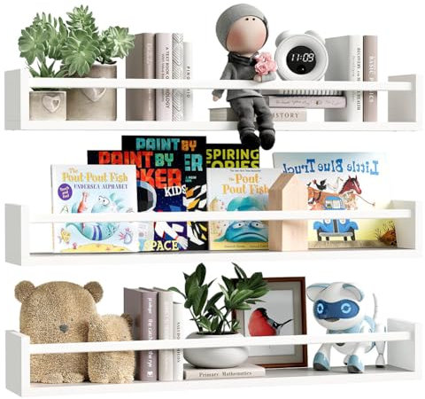 BAKAJI Set 3 Mensole da Parete in Legno, Scaffali a Muro Multiuso e Barra di Protezione Oggetti, Scaffalatura per Camera da Letto, Soggiorno, Cucina, Bagno, Libreria Salvaspazio 3 x 60 cm (Bianco)