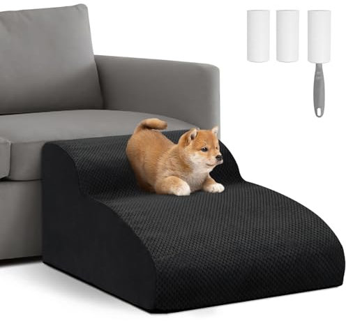 Mozvvco Escaleras para Perros de 2 Peldaños, Rampa para Mascotas de Espuma de Alta Densidad, Escaleras para Mascotas con Cubierta de Felpa Extraíble y Lavable, para Sofá o Cama, Negro