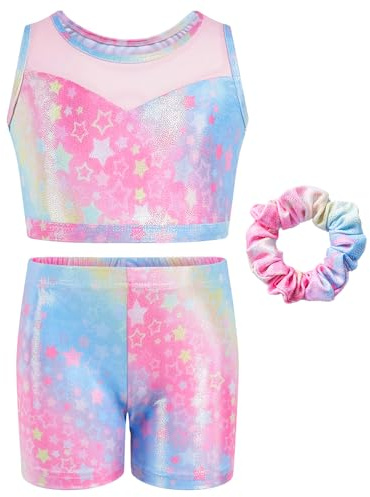 JiAmy Leotardos de gimnasia de dos piezas para niñas, sin mangas, brillantes, con pantalones cortos, traje de ballet para 3-12 años, Multicolor, 6-7 años