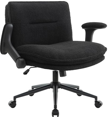 IWMH kors kontorsstol med flip-up-armar och hjul stoppade breda | Ergonomisk skrivbordsstol med tjock vadderad, höjd justerbar korsben stolar för hem kontor sovrum lägenhet sminkbord, svart