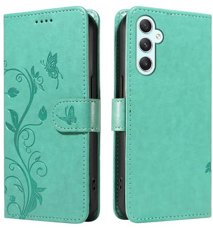 XINNI Case for Samsung Galaxy A05S, Apricot Flower Tree Butterfly Embossed PU Leather Wallet Cover, Green