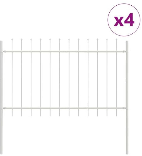 vidaXL 4-teiliges Set weißer, pulverbeschichteter Stahlzaunpaneele für Außenbereiche, wetterfest und einfach aufzubauen, moderne Umzäunungslösung für Gärten, Terrassen, Paneele, Barrieren, langlebig