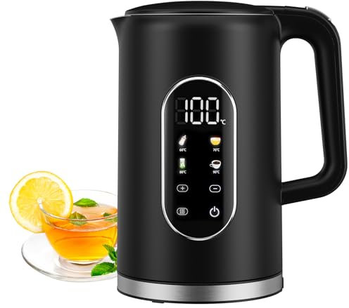 Hervidor de Agua Eléctrico, Hervidor Eléctrico Acero Inoxidable 1,7 L, 2200W con Pantalla LED, Regulador de Temperatura Regulable 40°C a 100°C, Función de Calentamiento, Libre de BPA, Negro