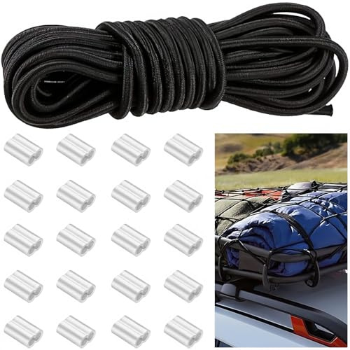 Corda Elastica 6mm x 10m,Corda di Gomma con 20 Morsetti a Strozzo,Gommata Elastico Spanngurt,Cavo Elastico,Adatta per Teloni,Tende,Trasporto,Giardini e Portapacchi,Auto,Nero