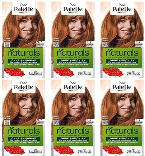 6x Palette Naturals Permanente Haarfarbe 9-7 Natürliches Kupfer pflegende Haarfarbe ohne Ammoniak, Coloration für bis zu 100% Grauabdeckung veganer Formel, 0% Silikonen 115 ml (6er Pack)