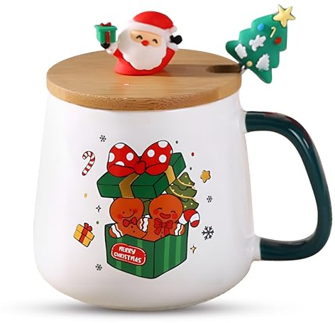 MathLab Gingerbread Man Christmas Mug Gift Set – 400ml Ceramic Coffee & Hot Chocolate Cup with Wooden Lid & Spoon | Handcrafted Festive Gift Box | Eco-Friendly Ceramic, Hand Wash On