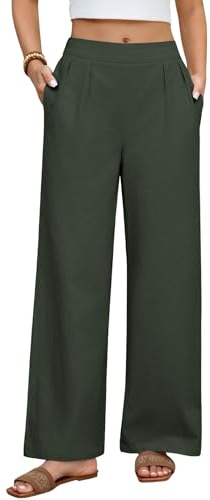 heekpek Womens Cotton Trousers Summer Pants High Waist Wide Leg Summer Trousers Elasticated Waist Comfy Loose Casual Pants with Pockets
