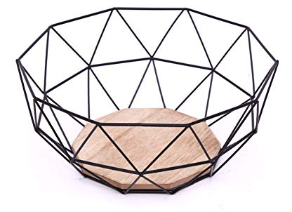 KONTARBOOR Corbeille à Fruits, Panier à Fruits Design Metal et Bois 26 X 26 X 12 cm