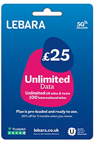 Lebara UK Unlimited Data SIM Card, Unlimited UK Minutes & Texts, 100 International minutes