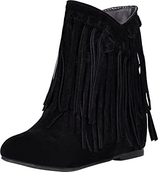 ADOSSAC Chaussures à Franges Femme Bottes de Hiver Bottines Neige Dames des d'hiver élégante Vintage Rétro Femmes Gland Daim Bottillons Courts Bout Rond Chaussures, Noir, 39 EU