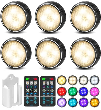 TECOMLIGHT LED Puck Lights with Remote Control, Battery Operated Wireless Closet Light, Under Cabinet Lighting Stick on Tap Push Lights, Color Changing Under Counter Light for Kitchen, 6 Pack - Black
