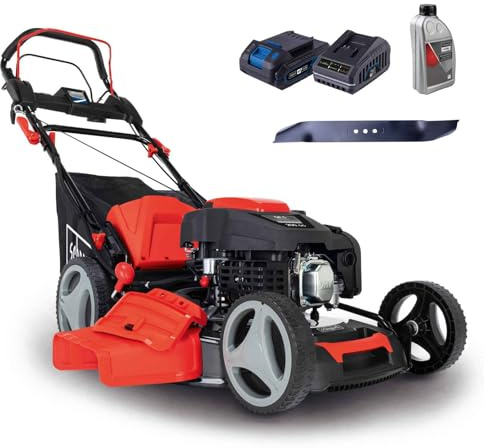 Scheppach Benzin Rasenmäher MS225-53E mit E-Start | Radantrieb | 6PS | 53 cm Schnittbreite | 7-fache Höhenverstellung | 65 Liter Fangkorb | Mulchfunktion | Reinigungsfunktion | inkl. Öl & Ersatzmesser