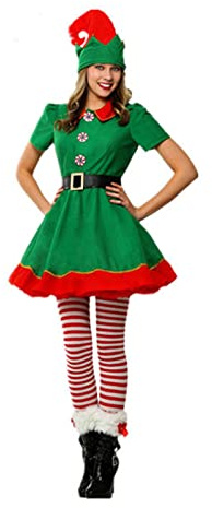 RTGSE Adult Christmas Elf Costume Clothes Set Santa's Helper Cosplay Sets Men Women Christmas Elf Outfit for Holiday Party (A-women Green Dress, M)